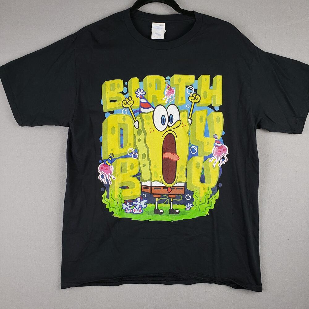 Spongebob Square Pants Birthday Boy Graphic Tee Shirt Black‎ Y2K Party Size L